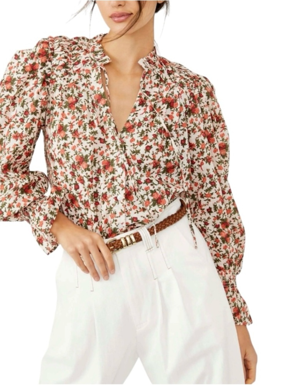 Free People Meant To Be Floral Boho Blouse Size S Ruffle Tie Neck Cotton
